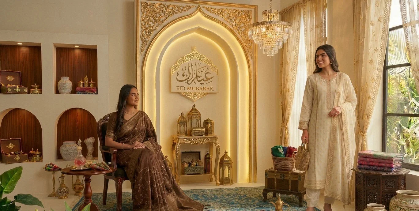Two women in elegant traditional Pakistani dresses in a luxurious, Eid-themed living room with gold decor.