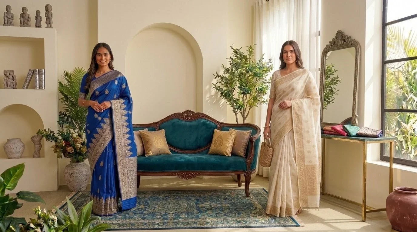 Two women in traditional sarees, one in royal blue and one in cream, standing in an elegant living room with decorative plants, antique furniture, and a large window.