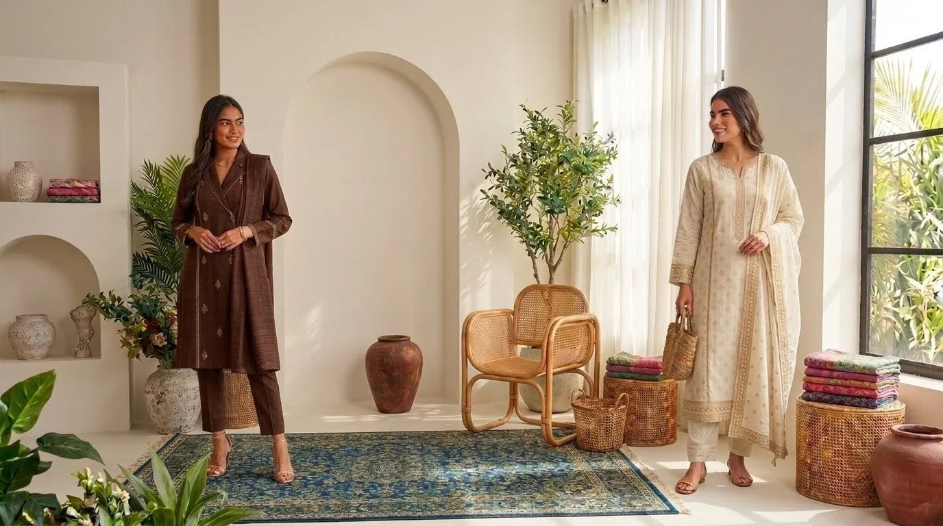 Two women in traditional ethnic suits pose in a modern living room with indoor plants and decor.
